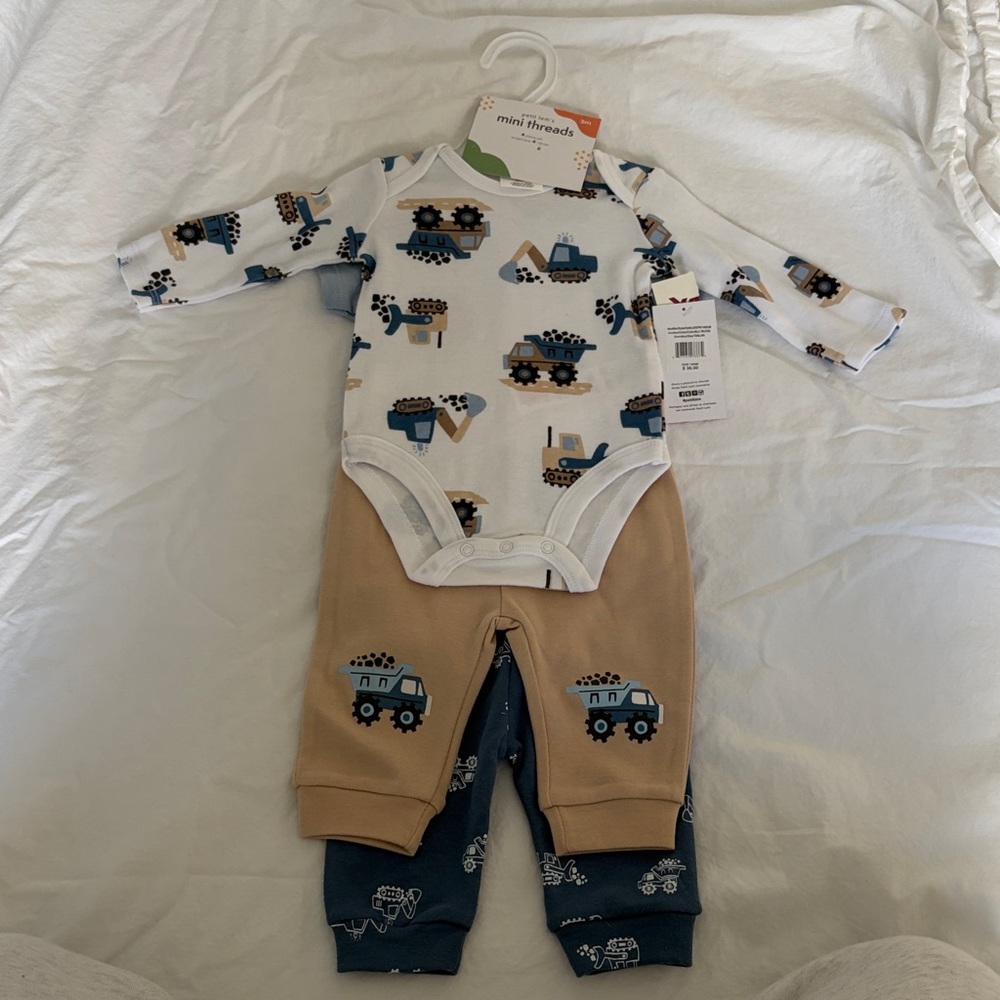 Carter's White Long-Sleeve Construction Print One-Piece with Tan & Blue Pants